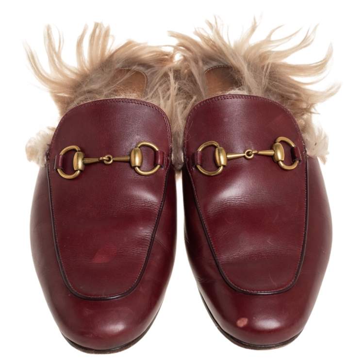 Pre Owned Gucci Burgundy Leather And Fur Princetown Mule Sandals Size 41