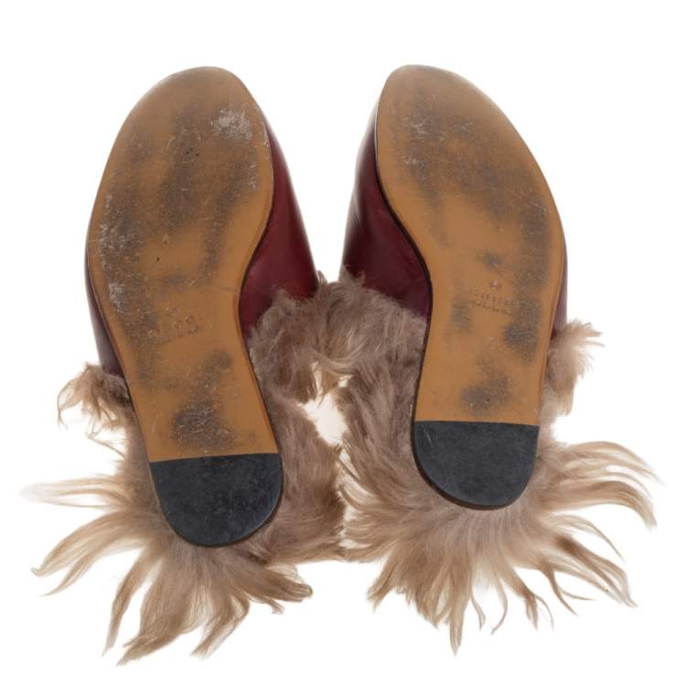 Pre Owned Gucci Burgundy Leather And Fur Princetown Mule Sandals Size 41