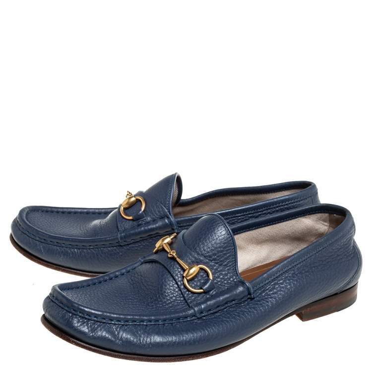Pre Owned Gucci Blue Leather Horsebit Slip On Loafers Size 42.5