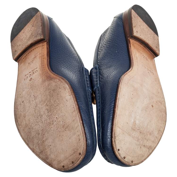 Pre Owned Gucci Blue Leather Horsebit Slip On Loafers Size 42.5