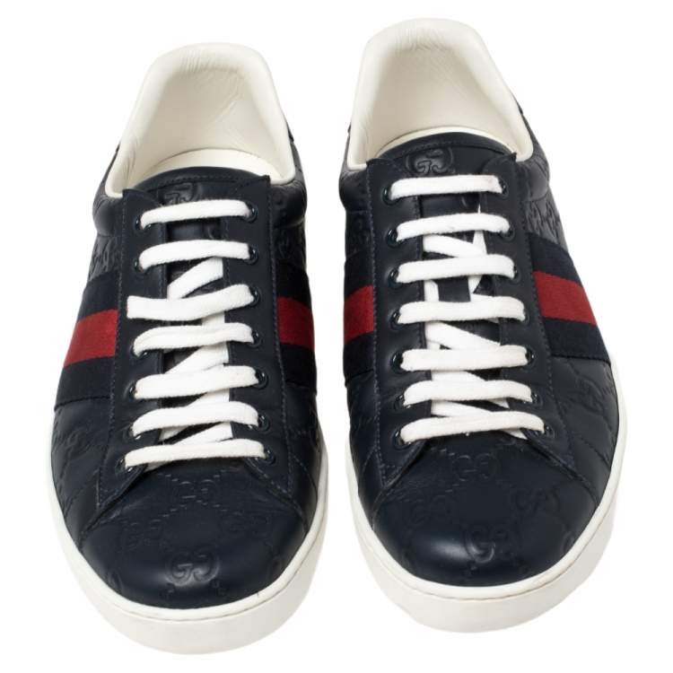 Pre Owned Gucci Dark Blue Guccissima Leather Web Detail Ace Sneakers Size 41
