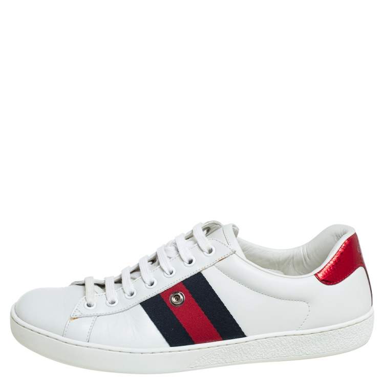 Pre Owned Gucci White Leather Ace Web Low Top Sneakers Size 41