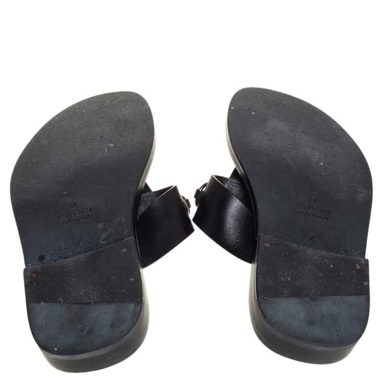 Pre Owned Gucci Black Leather Marcy Thong Flats Size 41