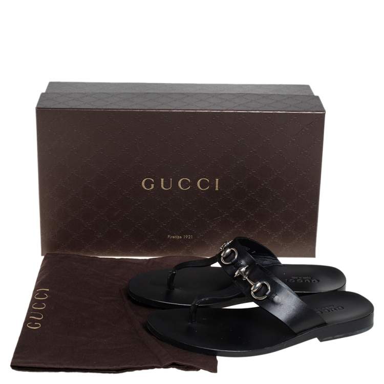 Pre Owned Gucci Black Leather Marcy Thong Flats Size 41