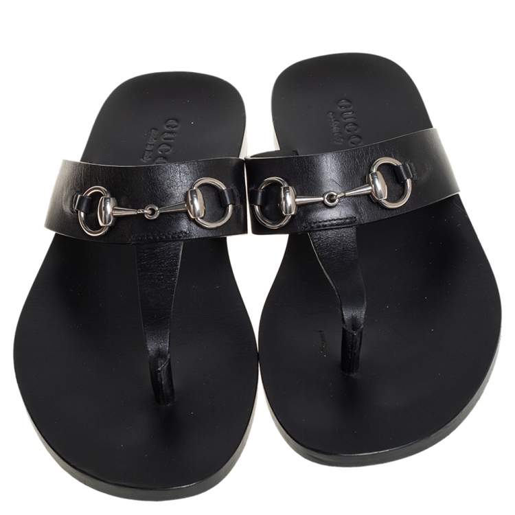 Pre Owned Gucci Black Leather Marcy Thong Flats Size 41