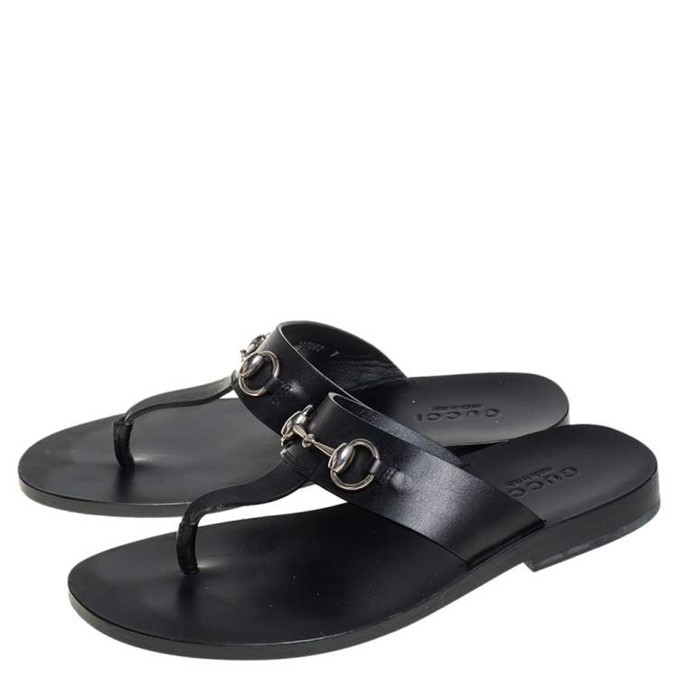 Pre Owned Gucci Black Leather Marcy Thong Flats Size 41