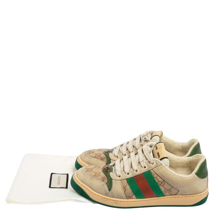 Pre Owned Gucci Beige/Green GG Canvas And Leather Screener Low Top Sneakers Size 40.5