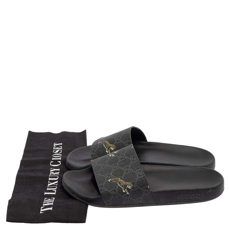 Pre Owned Gucci Black GG Canvas Tiger Flat Slides Size 41