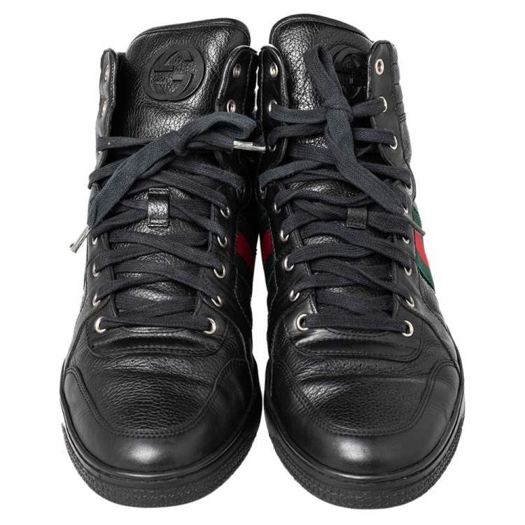 Pre Owned Gucci Black Leather Web High Top Sneakers Size 44