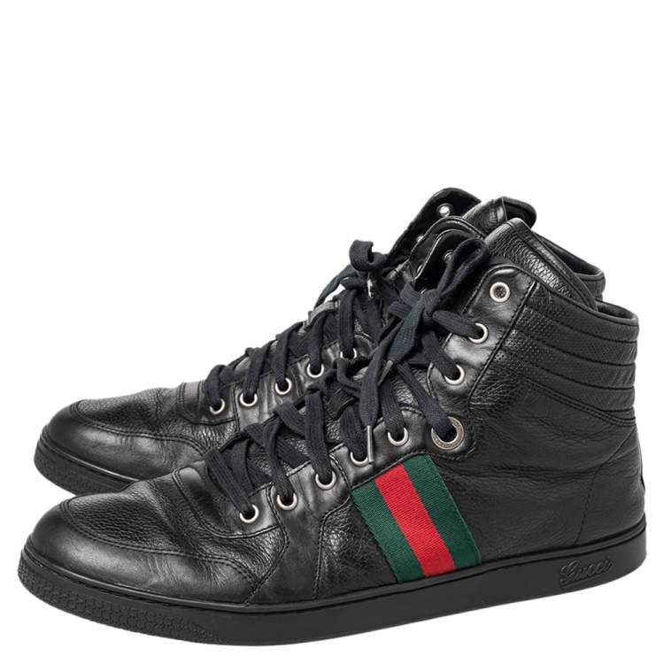 Pre Owned Gucci Black Leather Web High Top Sneakers Size 44