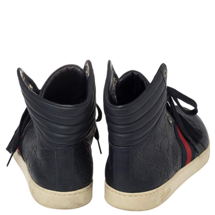 Pre Owned Gucci Blue Guccissima Leather Web Detail High Top Sneakers Size 42.5