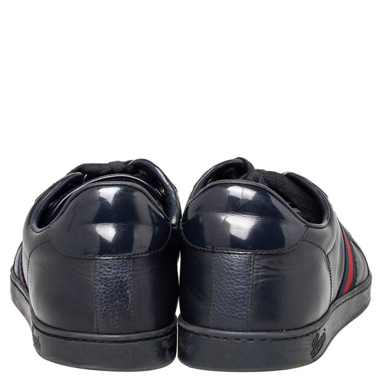 Pre Owned Gucci Navy Blue Leather And Canvas Web Low Top Sneakers Size 44