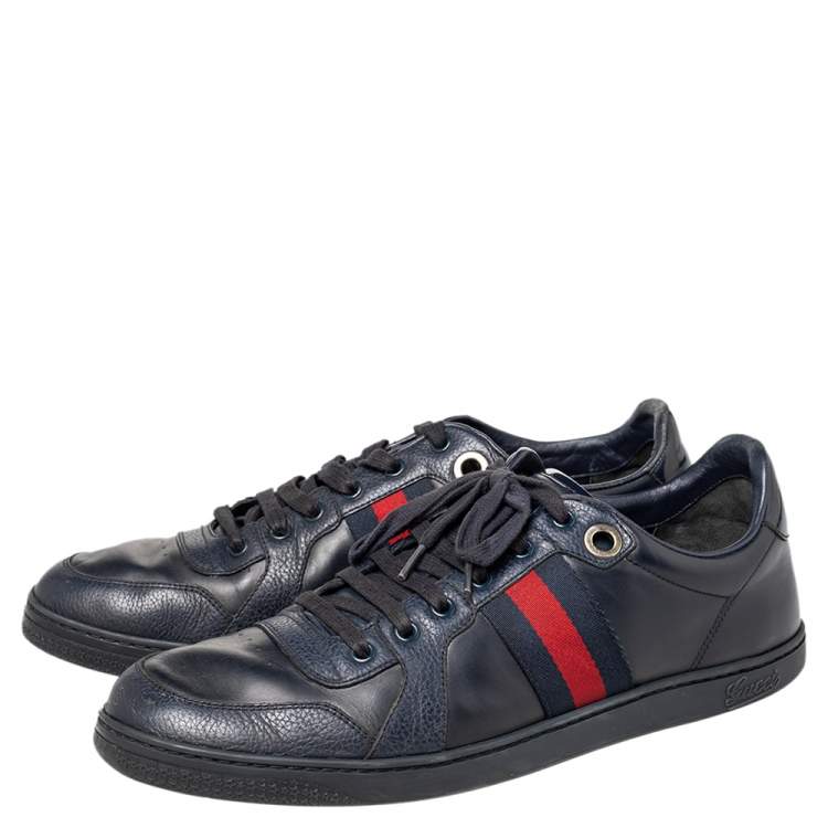 Pre Owned Gucci Navy Blue Leather And Canvas Web Low Top Sneakers Size 44