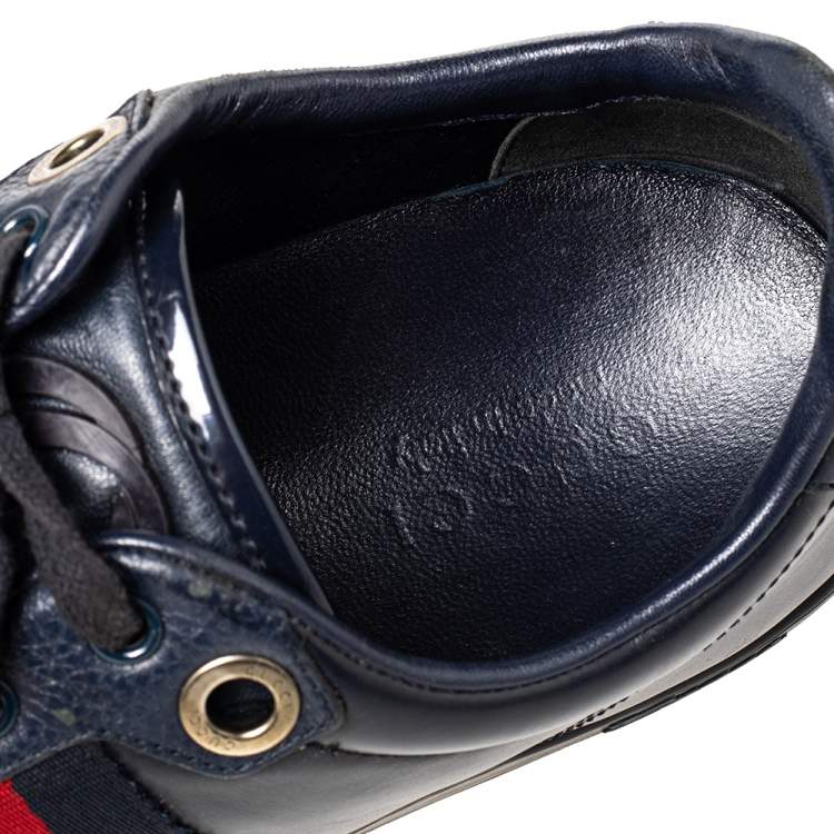 Pre Owned Gucci Navy Blue Leather And Canvas Web Low Top Sneakers Size 44