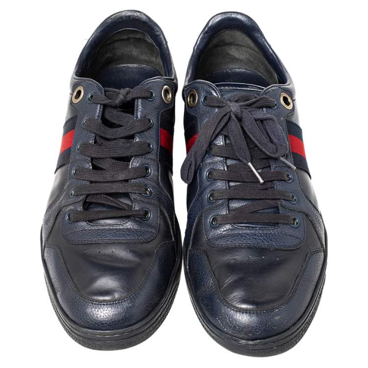 Pre Owned Gucci Navy Blue Leather And Canvas Web Low Top Sneakers Size 44