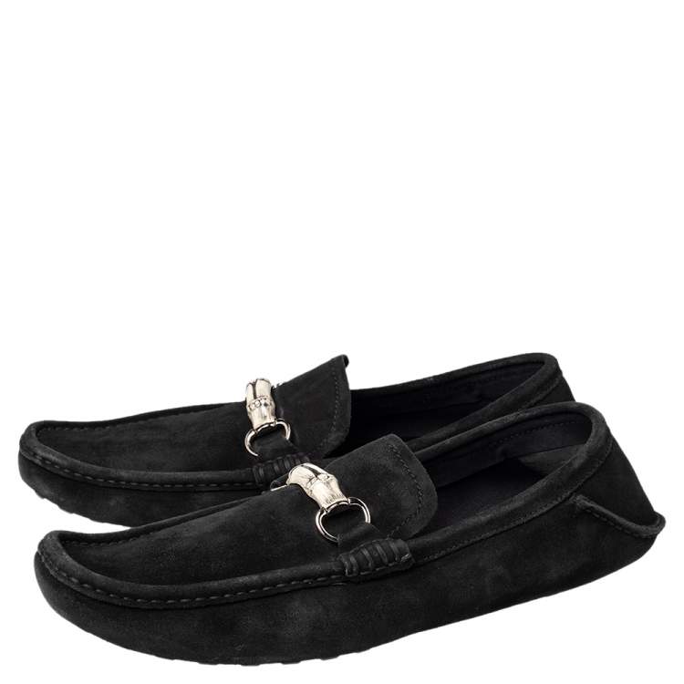 Pre Owned Gucci Black Suede Bamboo Horsebit Slip On Loafers Size 46
