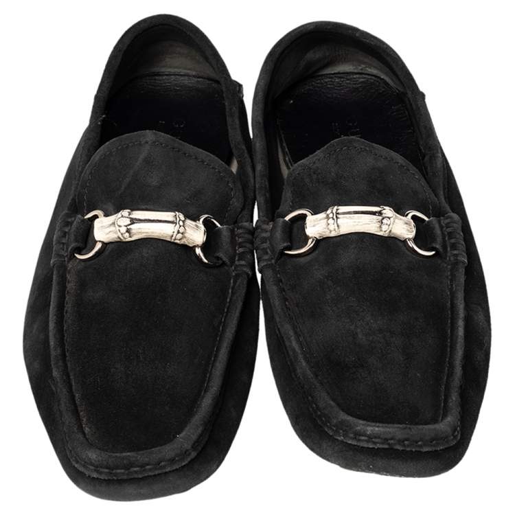 Pre Owned Gucci Black Suede Bamboo Horsebit Slip On Loafers Size 46