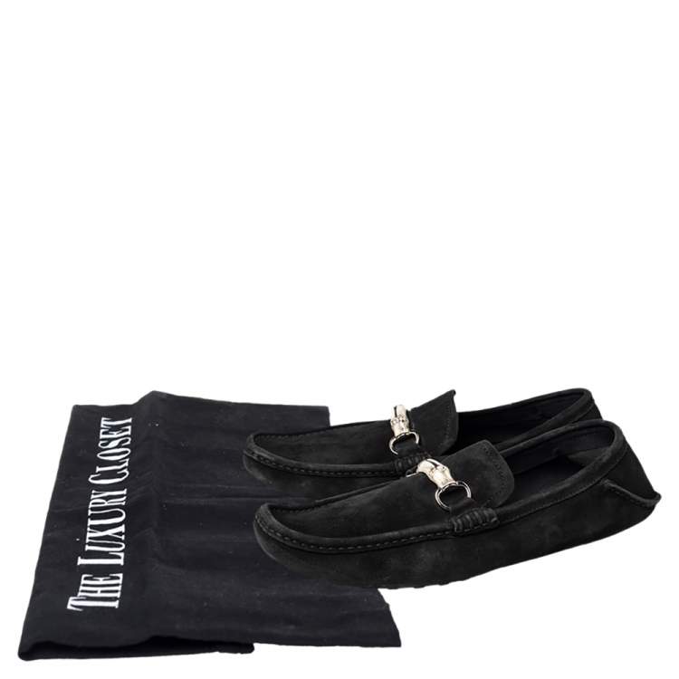 Pre Owned Gucci Black Suede Bamboo Horsebit Slip On Loafers Size 46