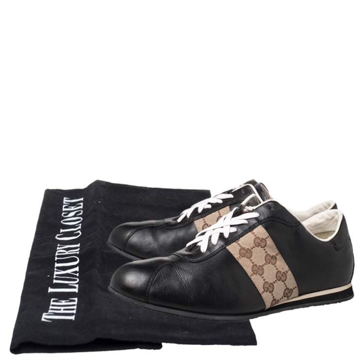 Pre Owned Gucci Black/Beige Leather And Canvas Low Top Sneakers Size 45