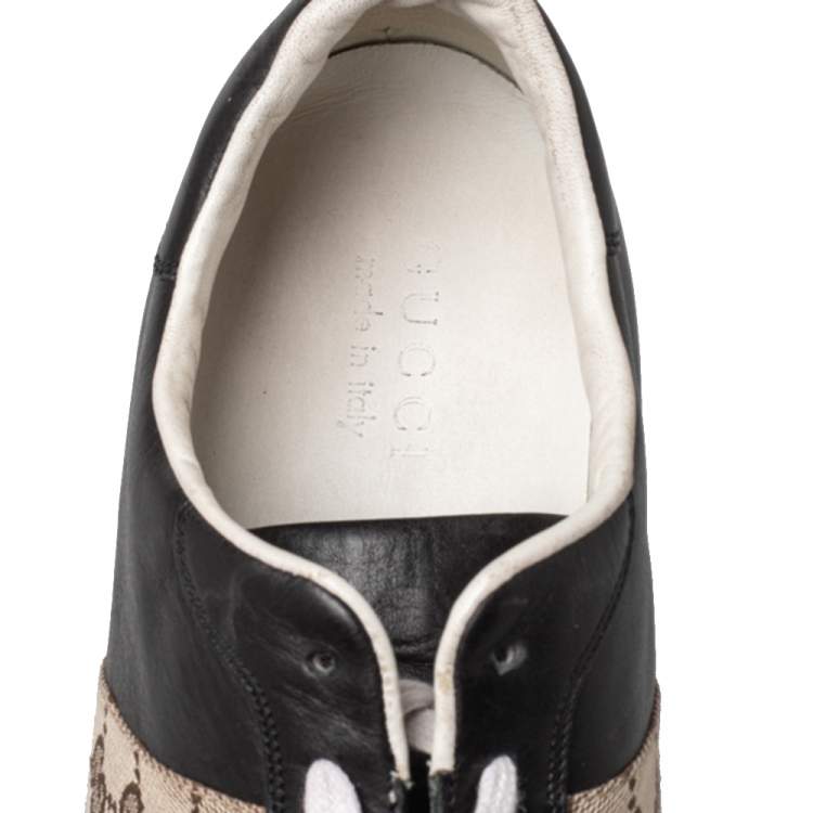 Pre Owned Gucci Black/Beige Leather And Canvas Low Top Sneakers Size 45