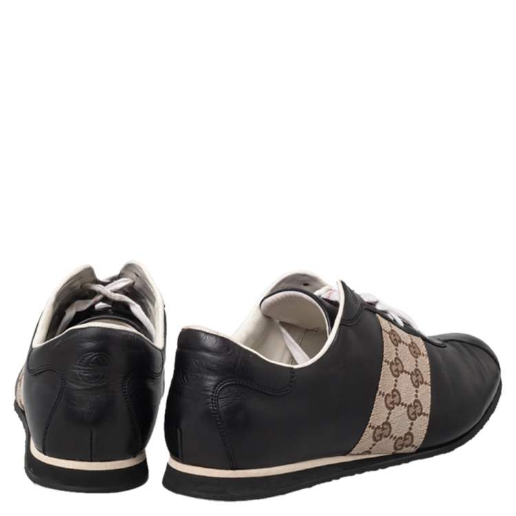 Pre Owned Gucci Black/Beige Leather And Canvas Low Top Sneakers Size 45