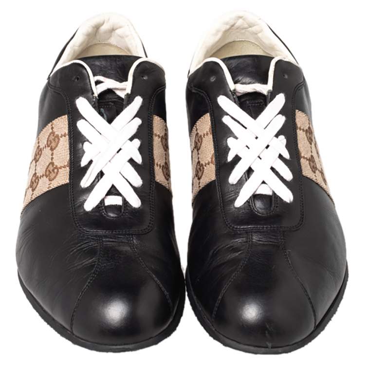 Pre Owned Gucci Black/Beige Leather And Canvas Low Top Sneakers Size 45
