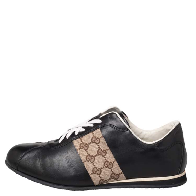Pre Owned Gucci Black/Beige Leather And Canvas Low Top Sneakers Size 45