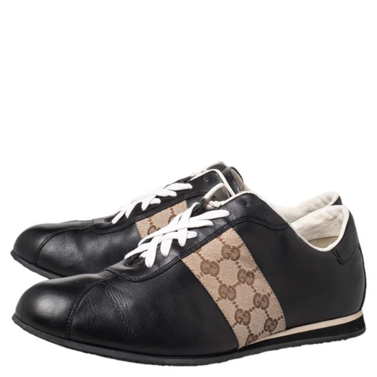 Pre Owned Gucci Black/Beige Leather And Canvas Low Top Sneakers Size 45