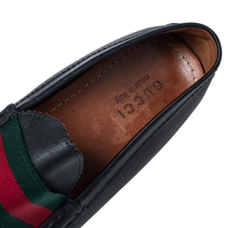 Pre Owned Gucci Black Leather Web Trim Loafers Size 45