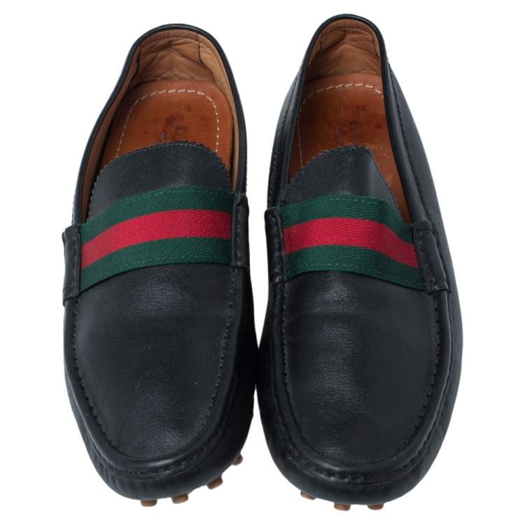 Pre Owned Gucci Black Leather Web Trim Loafers Size 45