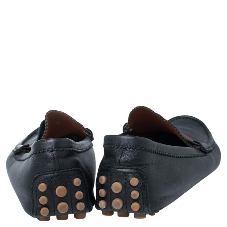 Pre Owned Gucci Black Leather Web Trim Loafers Size 45