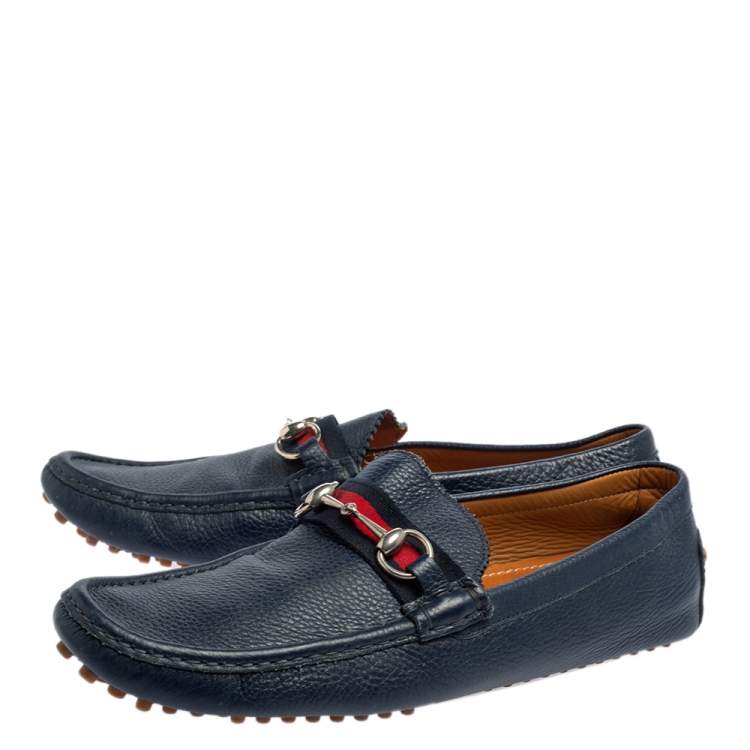 Pre Owned Gucci Blue Leather Horsebit Web Detail Driver Loafers Size 45.5