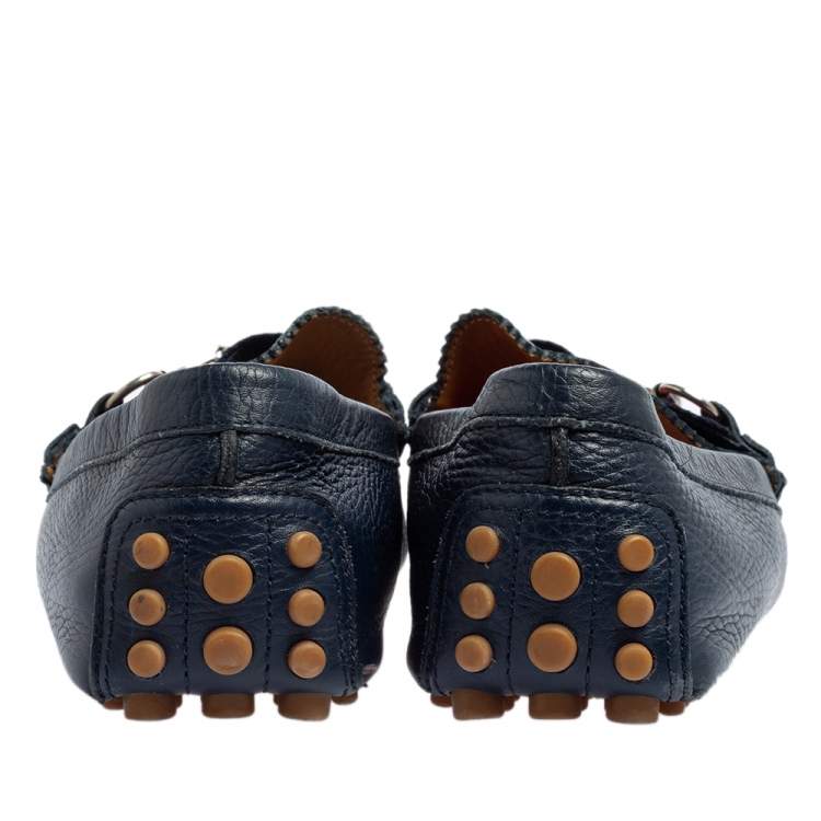 Pre Owned Gucci Blue Leather Horsebit Web Detail Driver Loafers Size 45.5