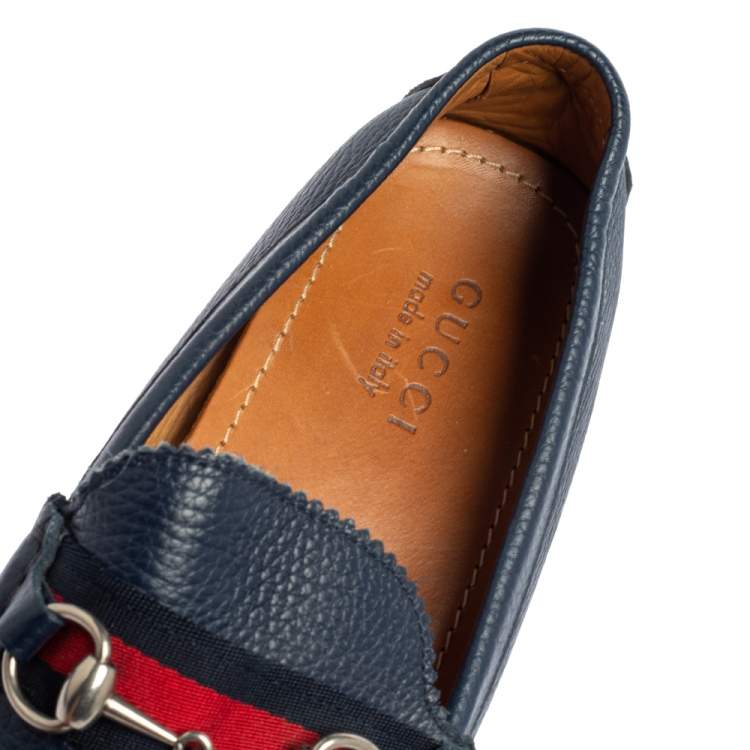 Pre Owned Gucci Blue Leather Horsebit Web Detail Driver Loafers Size 45.5