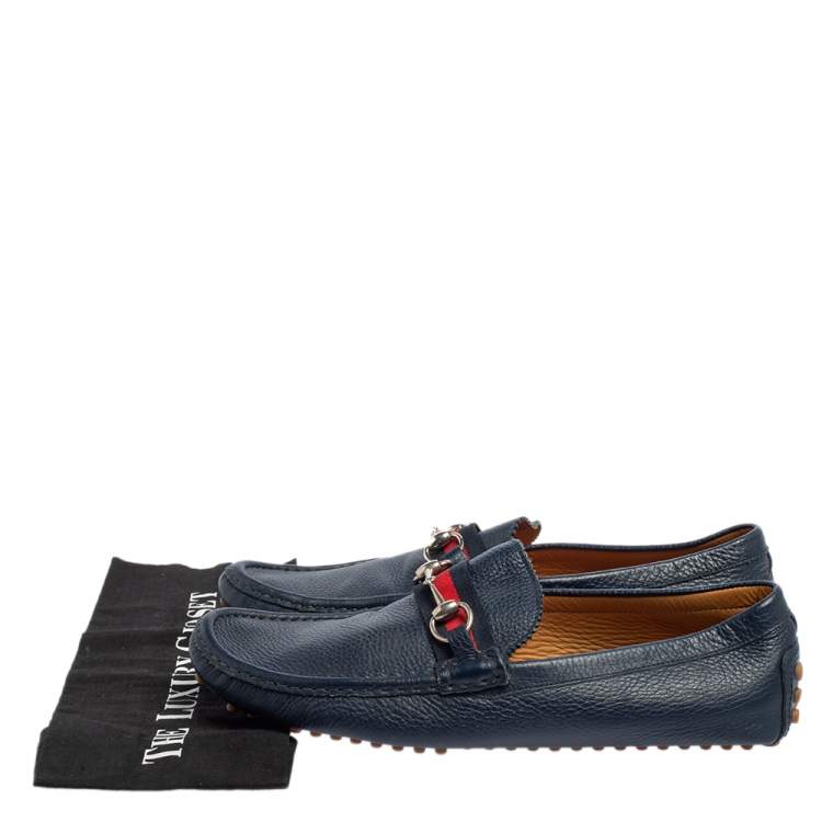 Pre Owned Gucci Blue Leather Horsebit Web Detail Driver Loafers Size 45.5