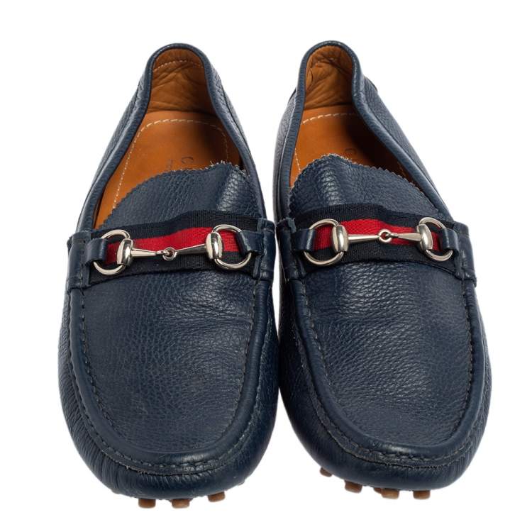 Pre Owned Gucci Blue Leather Horsebit Web Detail Driver Loafers Size 45.5