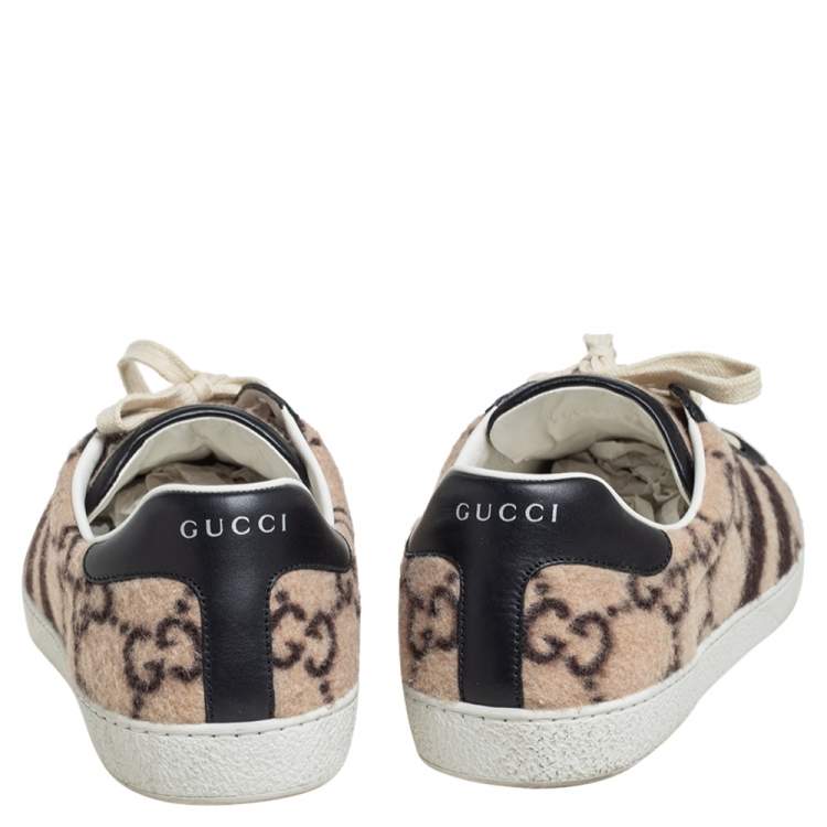 Pre Owned Gucci Black/Beige GG Wool And Leather Ace Low Top Sneakers Size 43.5