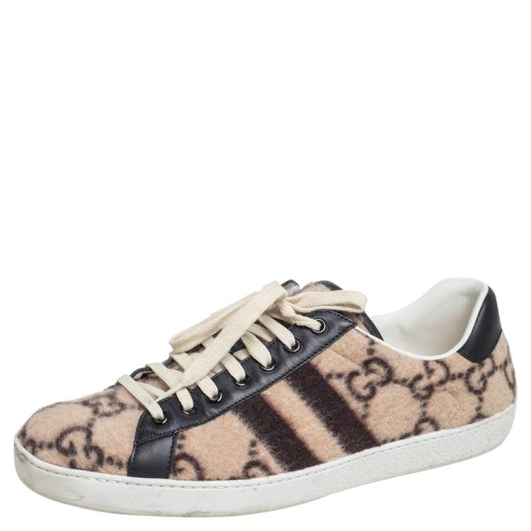 Pre Owned Gucci Black/Beige GG Wool And Leather Ace Low Top Sneakers Size 43.5