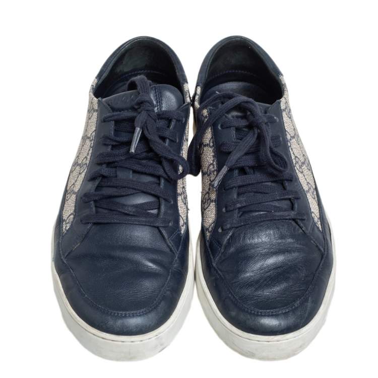 Pre Owned Gucci Beige/Blue Coated Canvas and Leather Low Top Sneakers Size 43