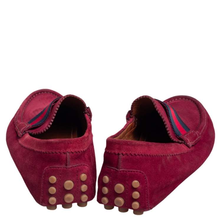 Pre Owned Gucci Burgundy Suede Web Trim Loafers Size 43.5