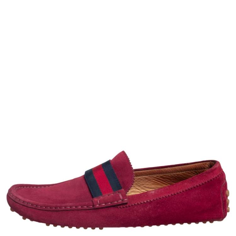 Pre Owned Gucci Burgundy Suede Web Trim Loafers Size 43.5