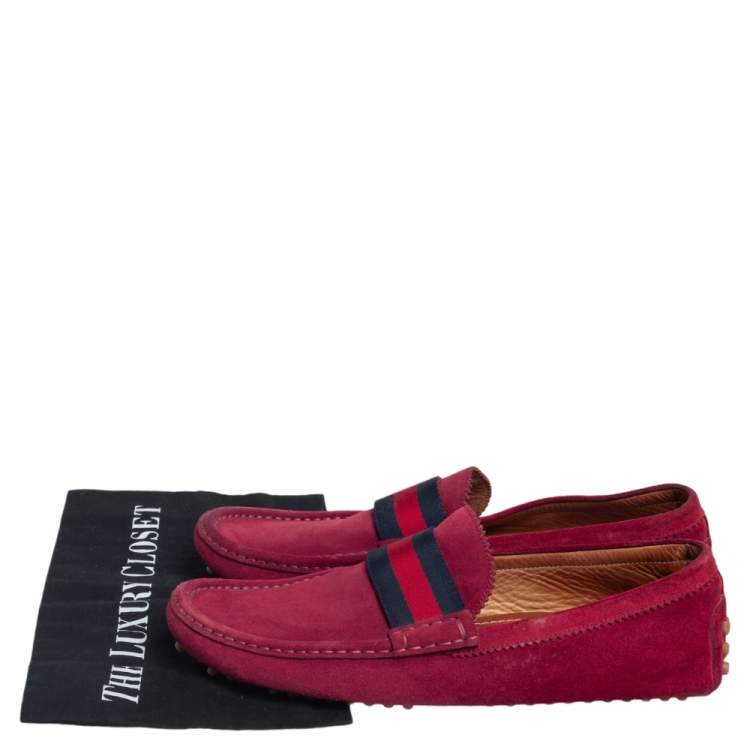 Pre Owned Gucci Burgundy Suede Web Trim Loafers Size 43.5