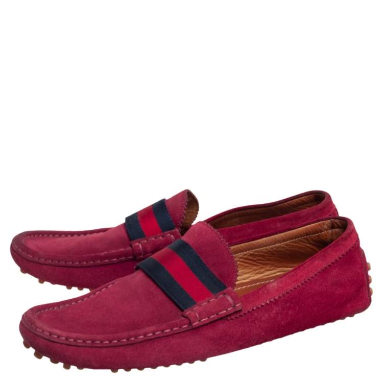 Pre Owned Gucci Burgundy Suede Web Trim Loafers Size 43.5
