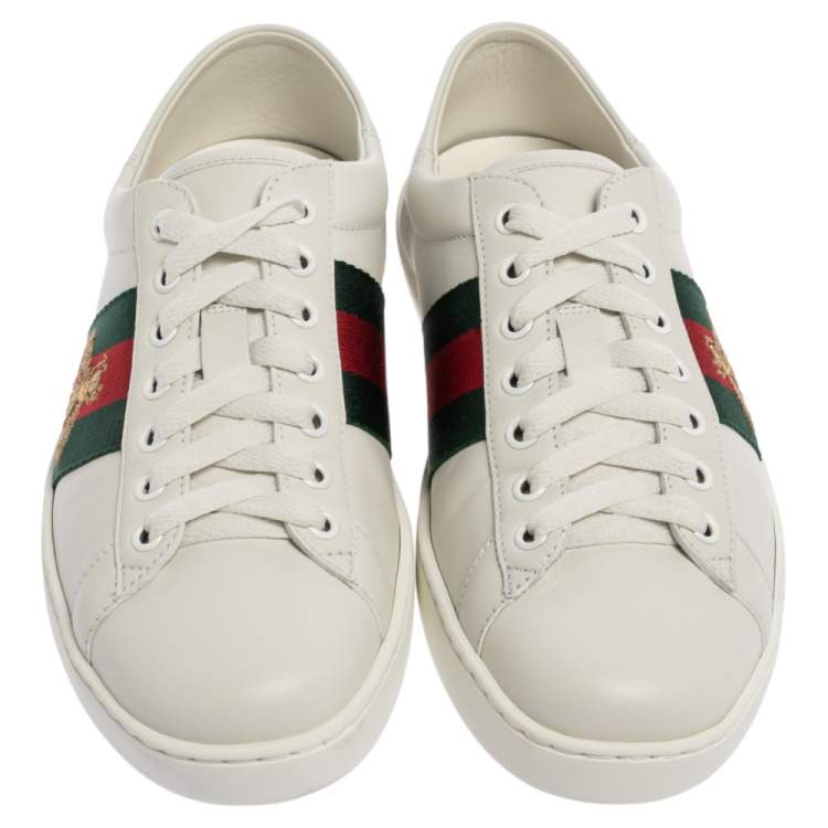 Pre Owned Gucci White Leather Ace Bee Embroidered Web Low Top Sneakers Size 40