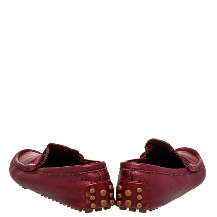 Pre Owned Gucci Red Leather Web Detail Slip On Loafers Size 43.5