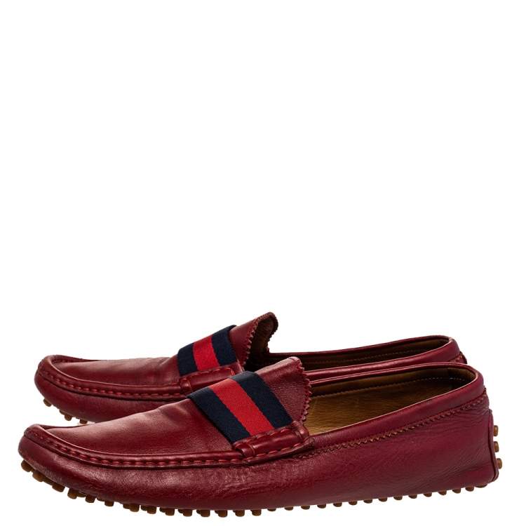 Pre Owned Gucci Red Leather Web Detail Slip On Loafers Size 43.5