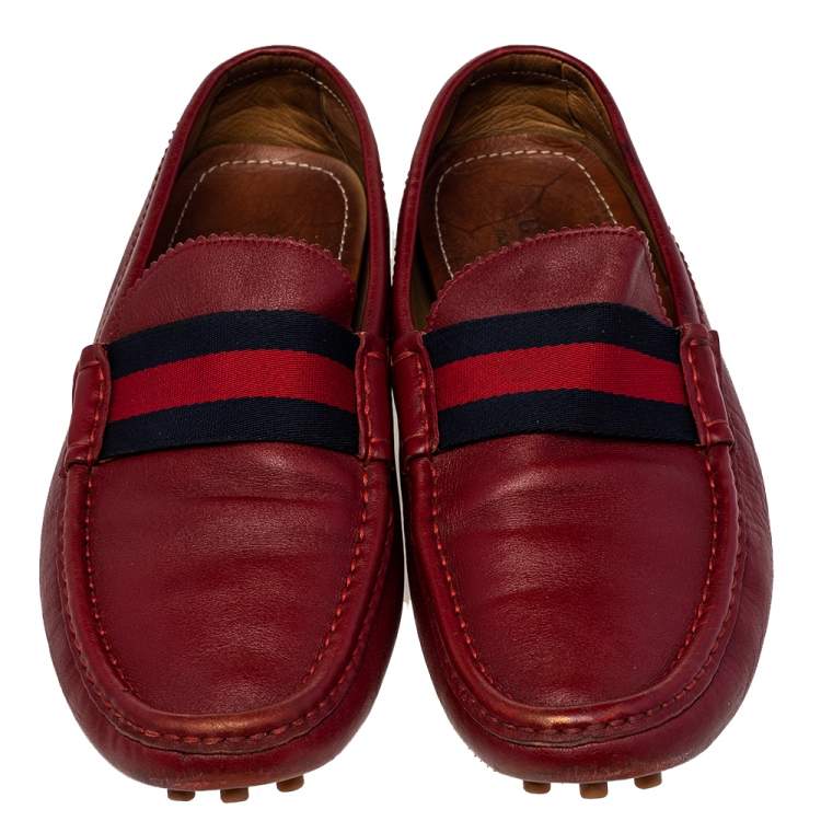 Pre Owned Gucci Red Leather Web Detail Slip On Loafers Size 43.5