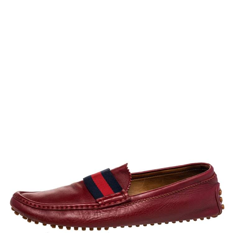 Pre Owned Gucci Red Leather Web Detail Slip On Loafers Size 43.5