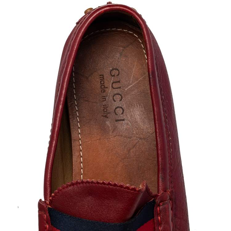 Pre Owned Gucci Red Leather Web Detail Slip On Loafers Size 43.5