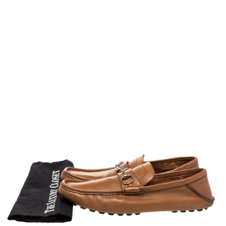 Pre Owned Gucci Brown Leather Horsebit Slip On Loafers Size 43